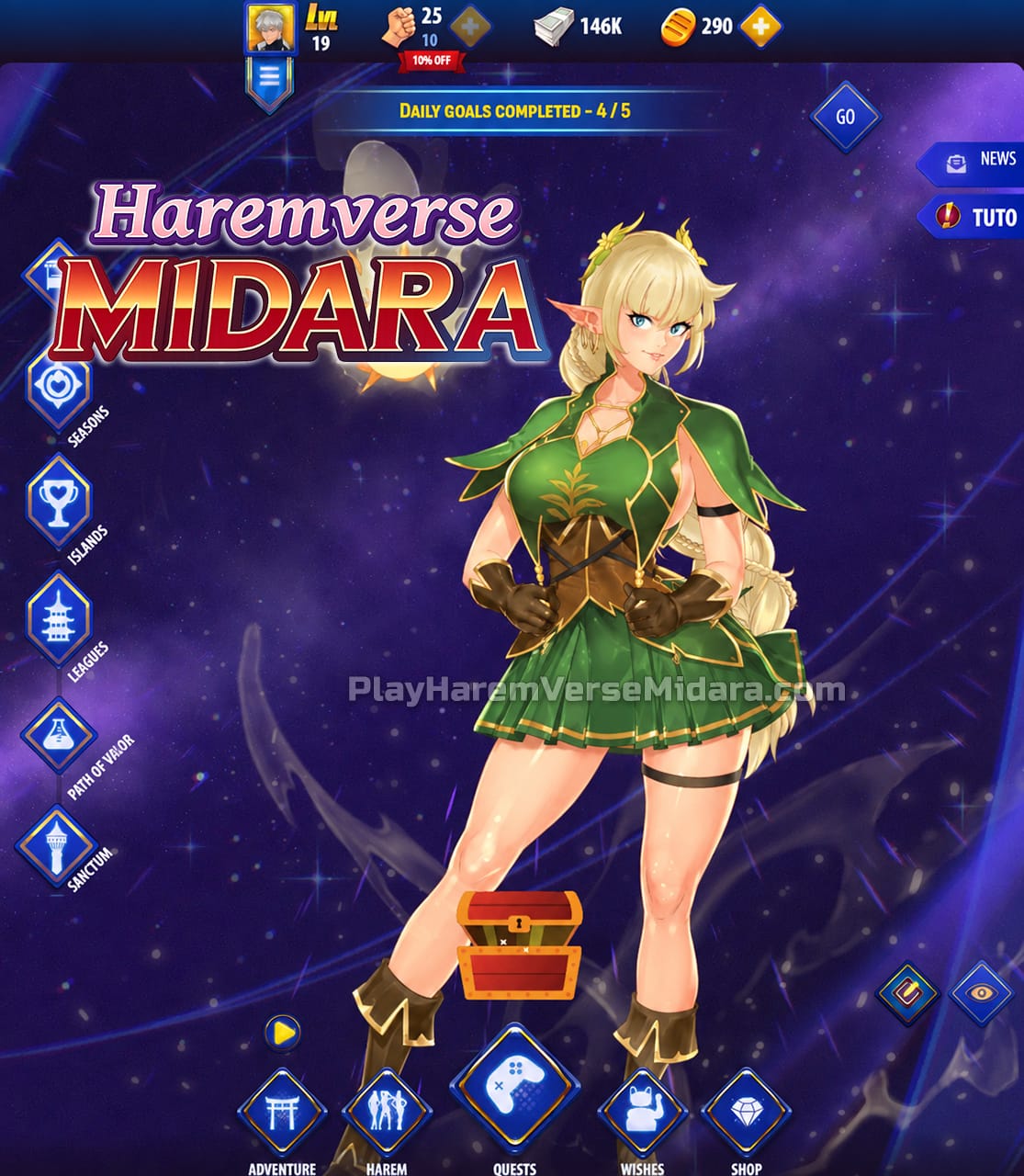 Haremverse Midara game interface with elf archer heroine