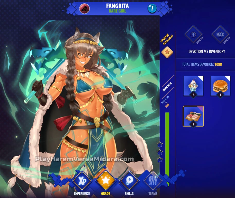 Heroine profile with devotion and experience progression