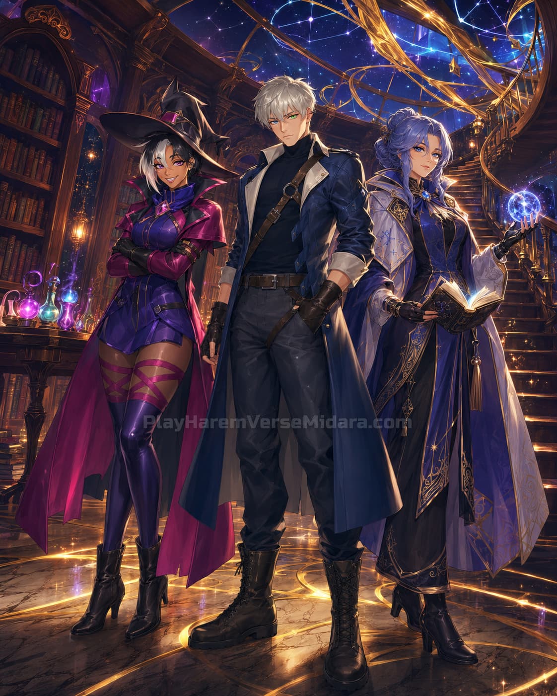 Haremverse Midara Awakener and heroines in a magical library